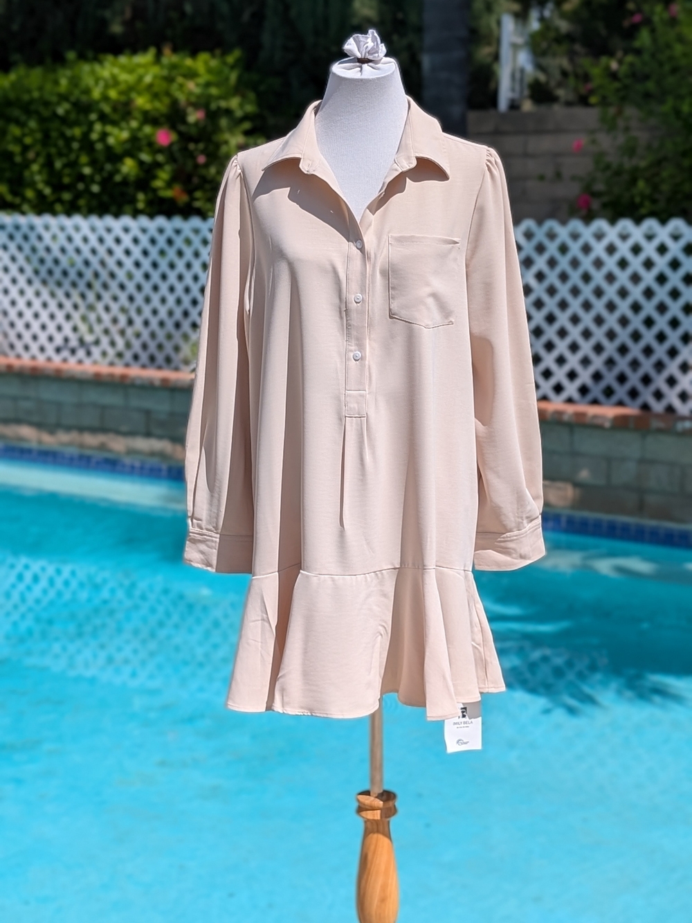 Amazon Cream Long Sleeve Ruffle-Hem Shirt Dress